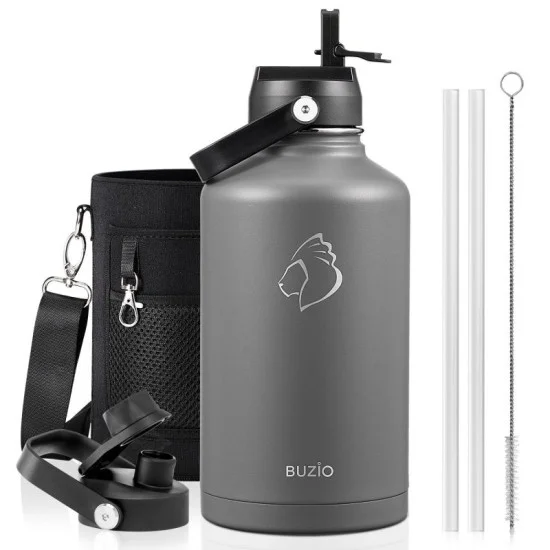 Buzio Duet Series Water Bottle with 2 Lids and Sleeve 1.9L - Grey